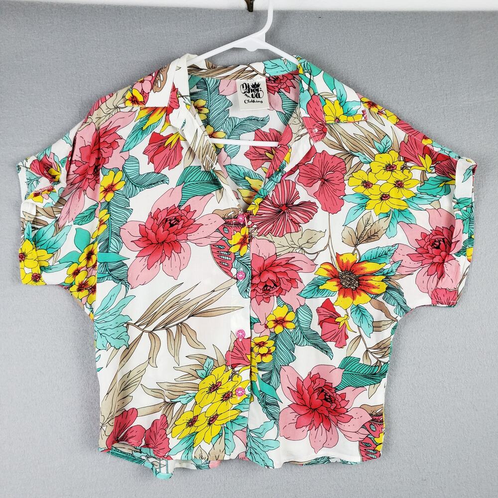 Mi Ner Va Size M Hawaiian Button Up Boxy Crop Bloomcore Colorful‎ Whimsical